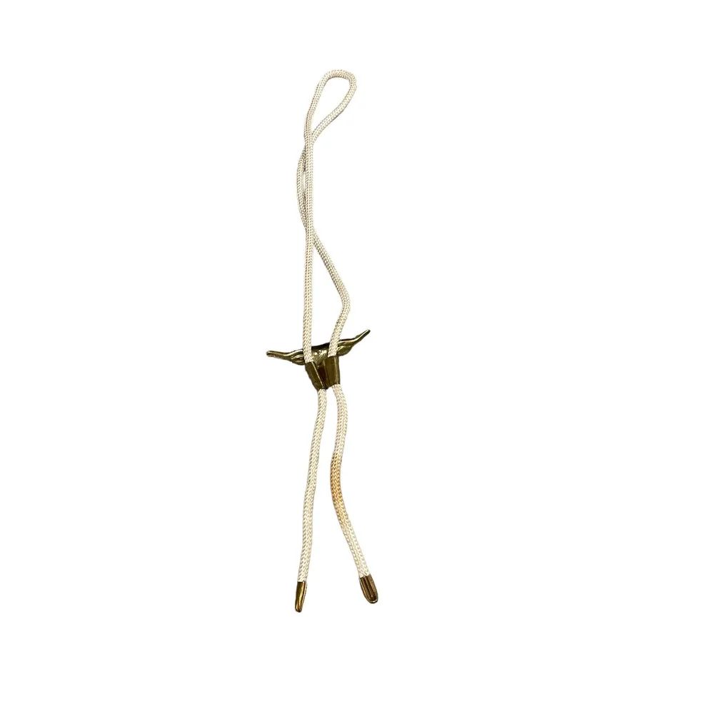 Vintage Mens Bolo Tie Cream Rope Band‎ With Brass Bull Southwestern Western